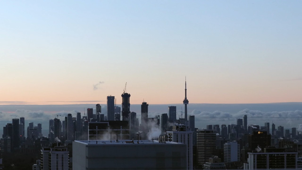 Toronto skyline at dawn with the CN Tower