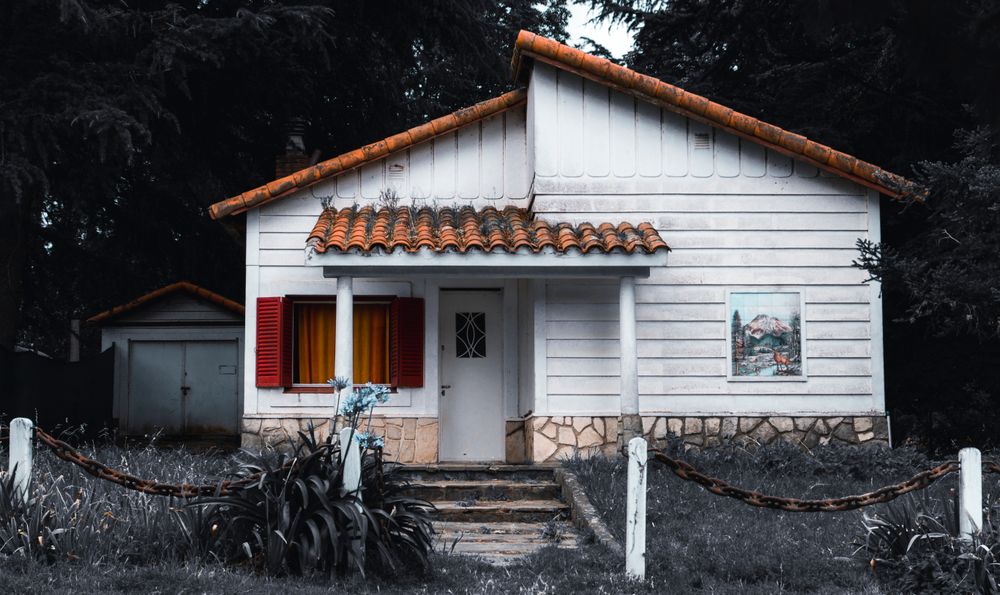 White cottage-style house among dark trees (stock photo)