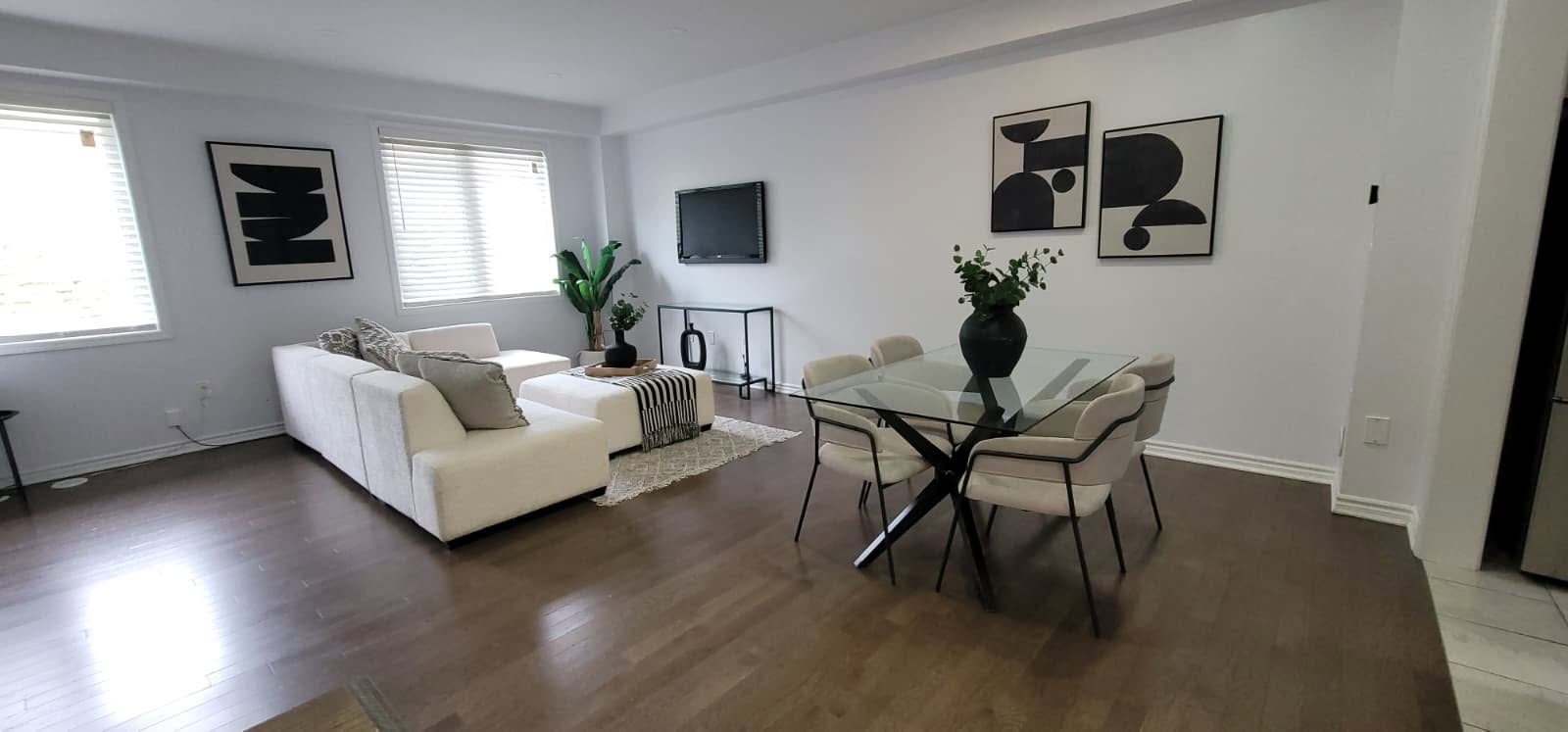 Living and dining room, dark hardwood